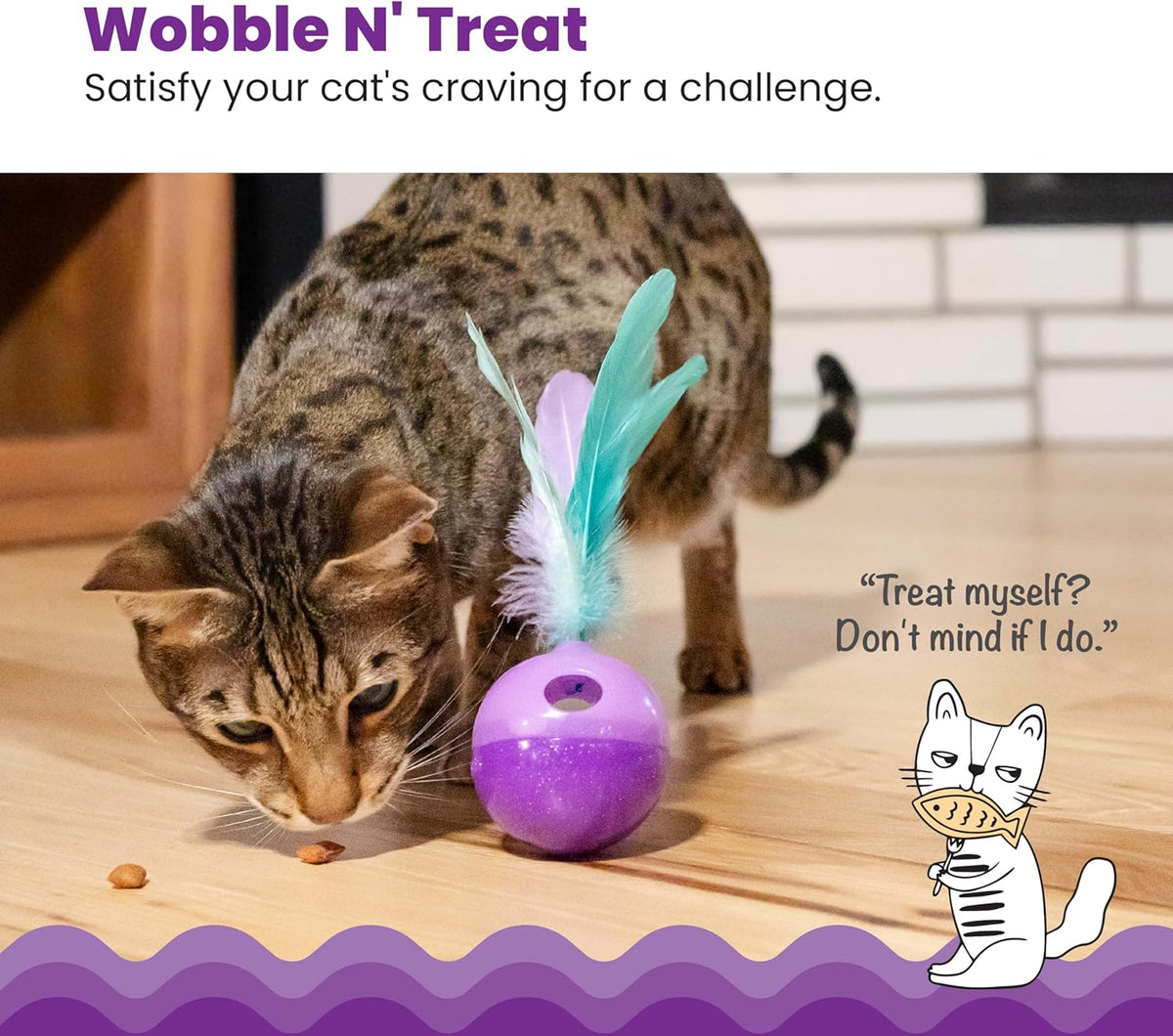 Purple interactive cat toy with treat dispensing holes