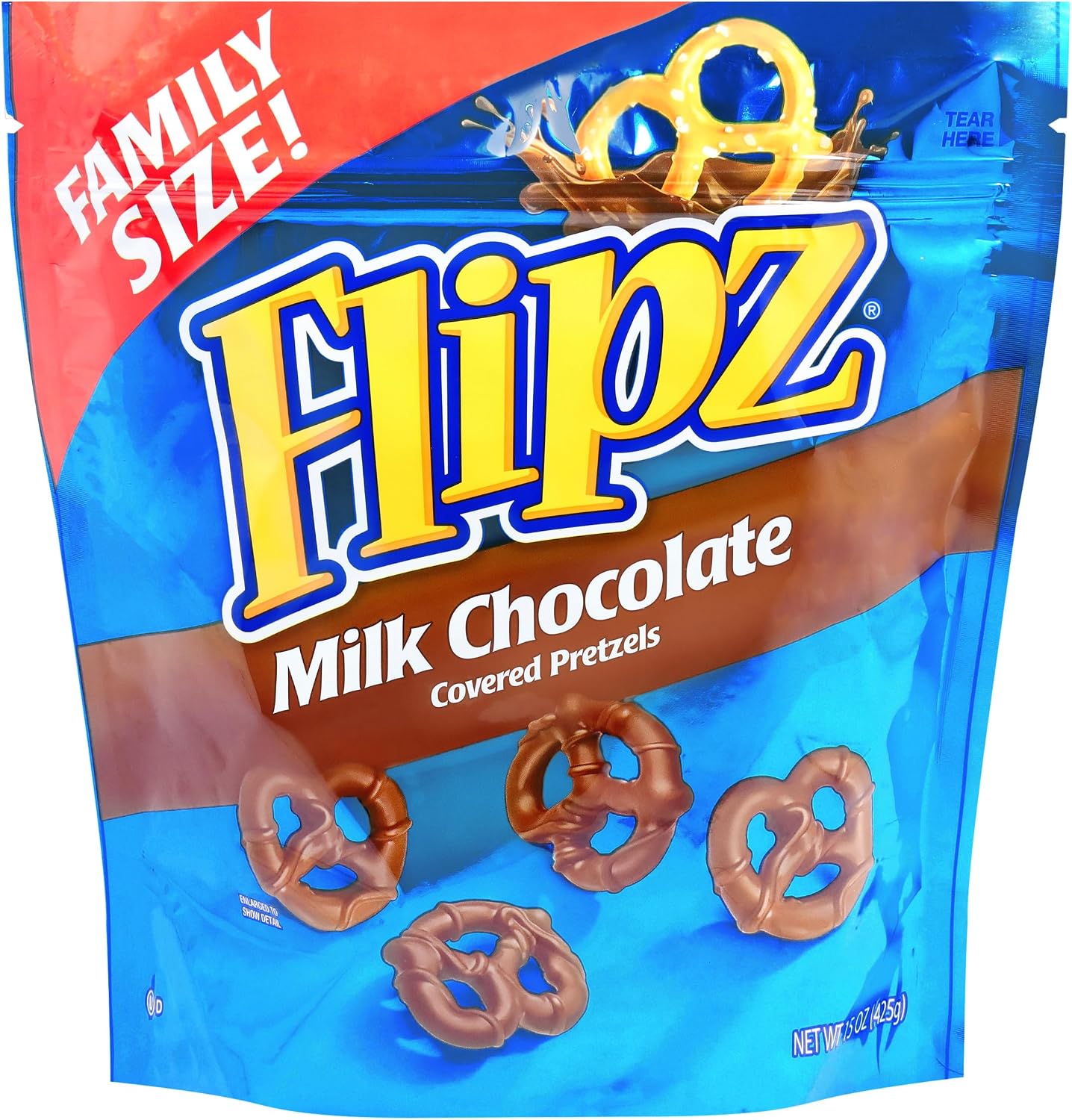 Flipz Milk Chocolate Covered Pretzels Family Size 15 Ounce bag front view