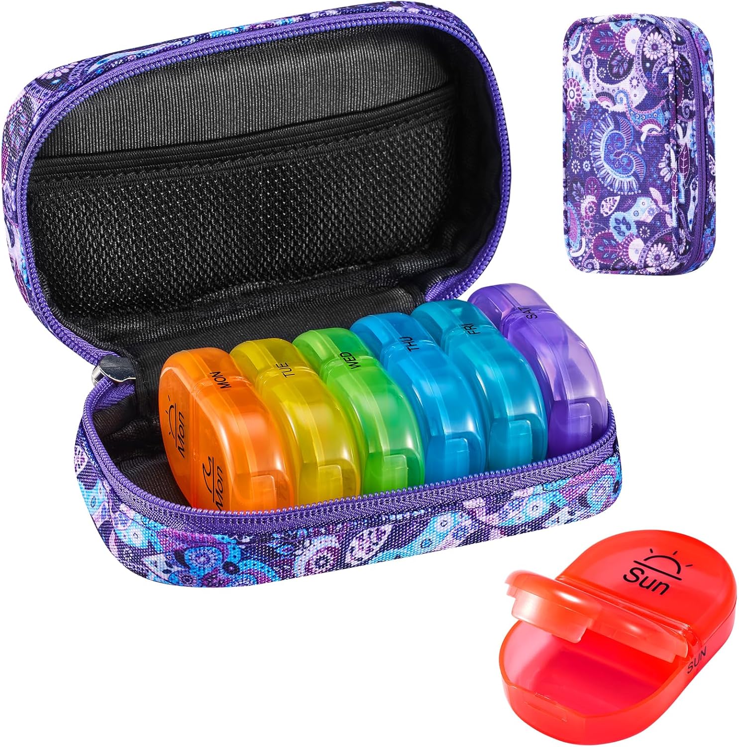 Serfeymi Weekly Travel Pill Organizer 2 Times A Day AM PM Upgraded Rainbow Pill Box 7 Day with Portable Zipper Canvas Pill Case, Medicine Organizer for Pills, Vitamins, Fish Oils - Purple 01 - Image 1