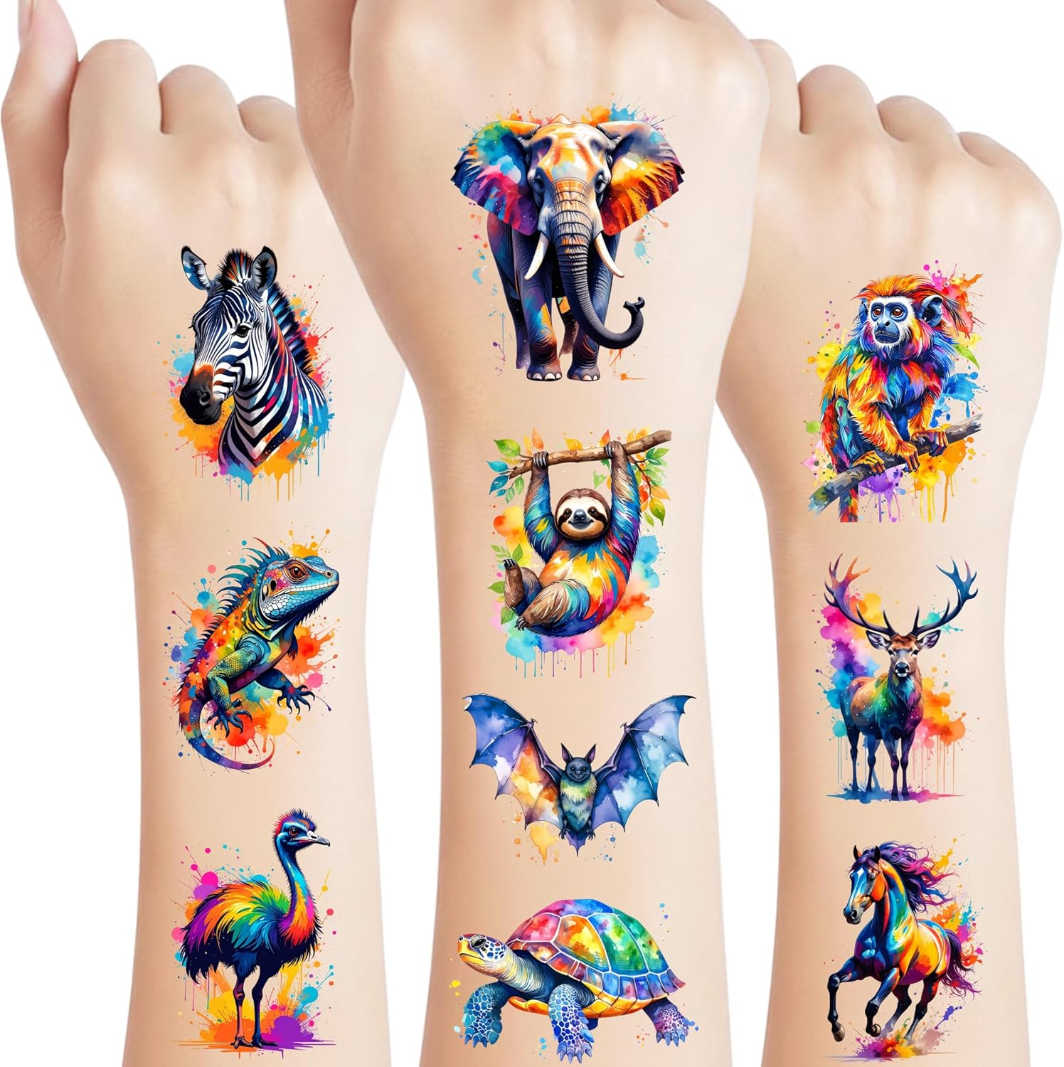 Backtopeia watercolor jungle animal temporary tattoos front view pack of sixty pieces
