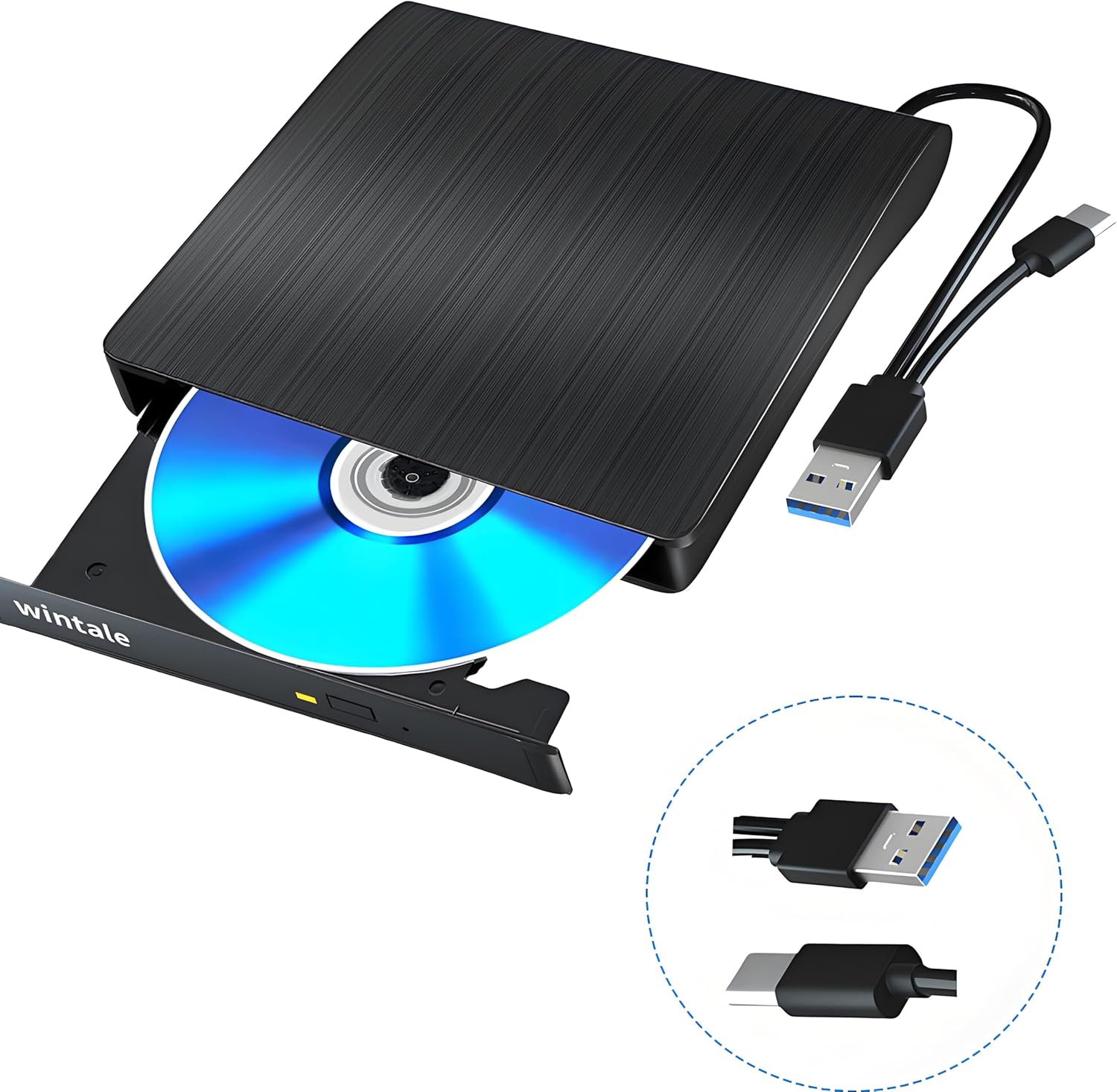 wintale External Blu Ray Drive, Portable 3D Bluray External DVD Drive, Blu Ray Burner with USB 3.0 and Type-C Dual Port, Bluray Drive for PC Windows XP/7/8/10/11 MacOS for Mac - Image 1
