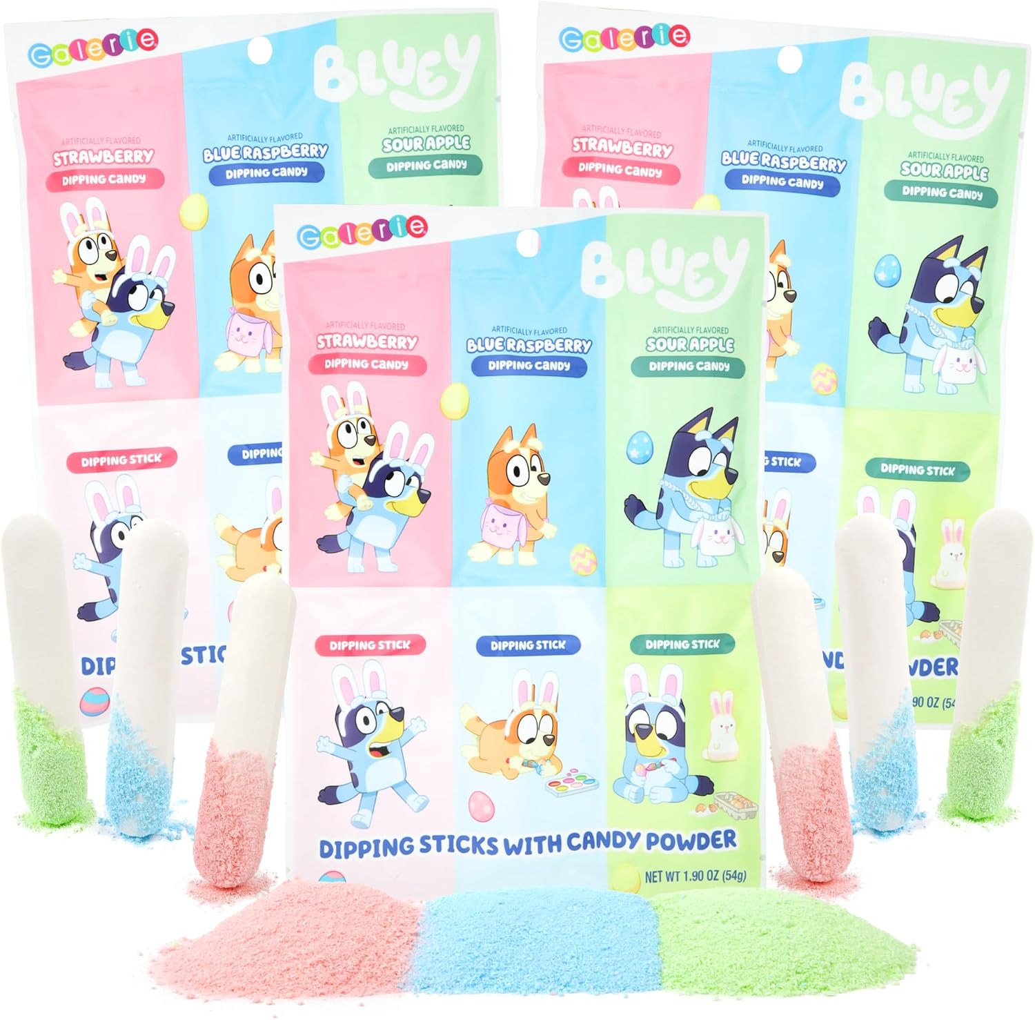 Galerie Bluey Easter candy dipping sticks 3 pack front packaging view featuring animated characters.