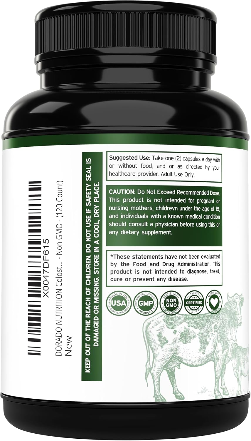 Side view of Dorado Nutrition colostrum supplement bottle