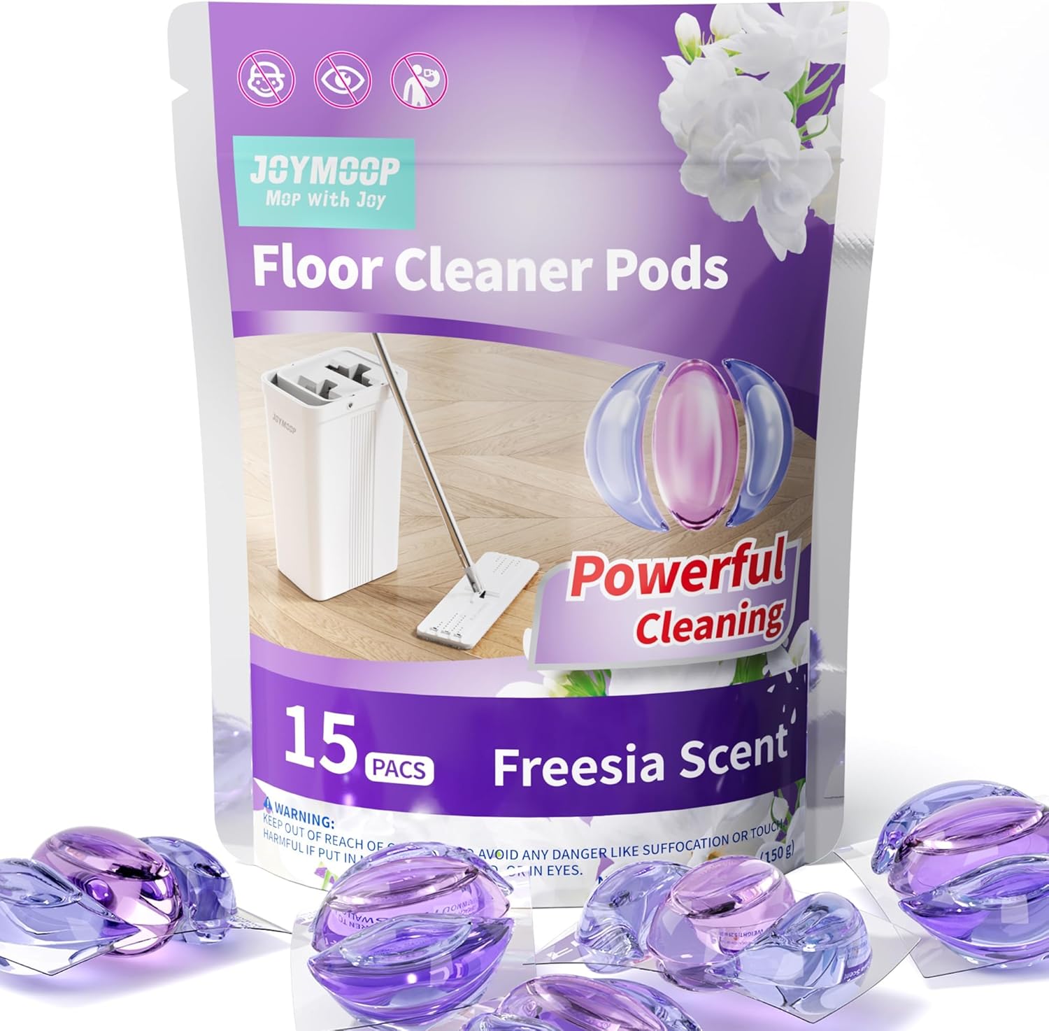 JOYMOOP Floor Cleaner Pods front view 15 count pouch for hardwood cleaning.