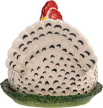 Side profile of the durable hand-painted stoneware hen butter storage container.