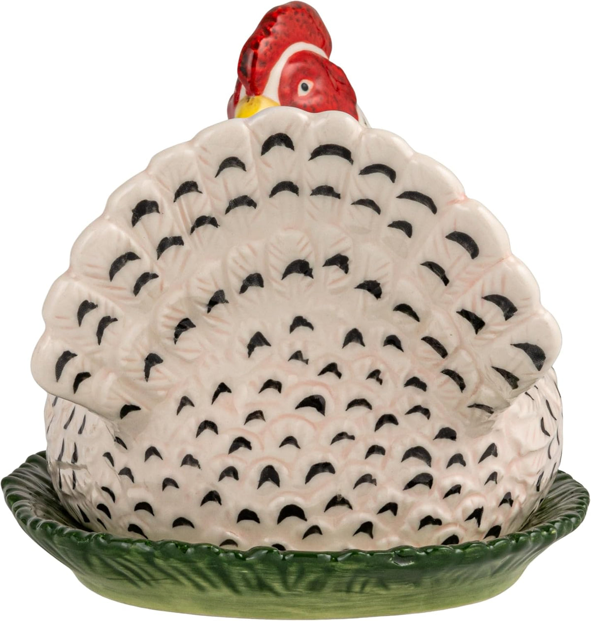 Side profile of the durable hand-painted stoneware hen butter storage container.