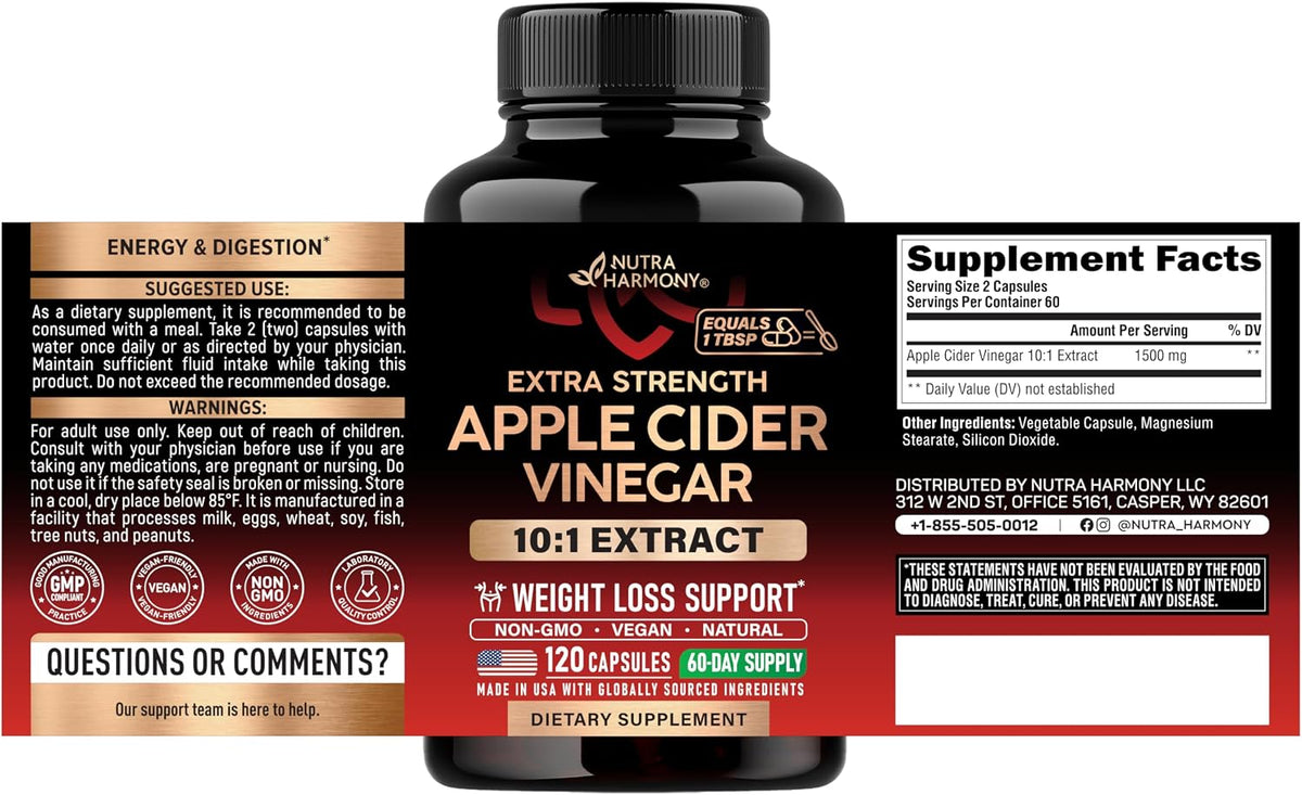 Nutraharmony apple cider vinegar supplement bottle back label ingredients