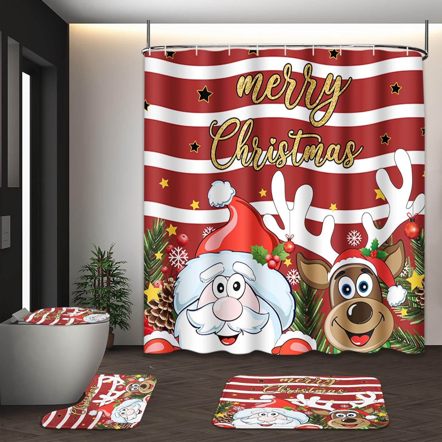 Emvency Christmas shower curtain set front view featuring cartoon Santa Claus and reindeer print.