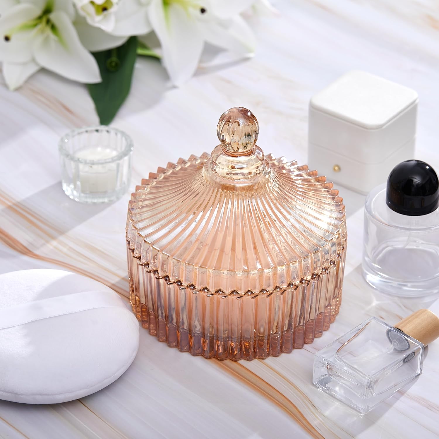 Tioncy extra large body powder puff and amber glass container set front view showcasing the ribbed vintage design.