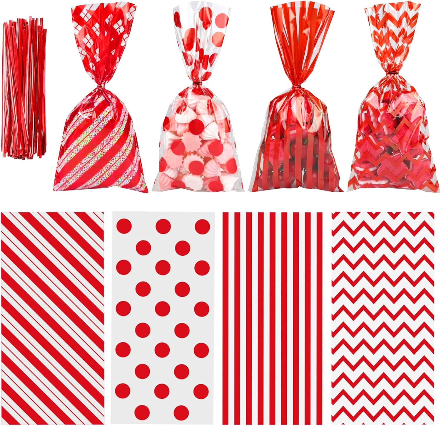 Aneco red cellophane bags front view showing assorted patterned plastic goodie packaging packs