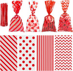 Aneco red cellophane bags front view showing assorted patterned plastic goodie packaging packs