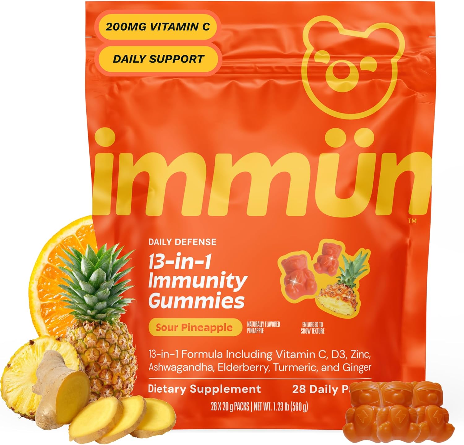 Grns Immun Immunity Gummies with Vitamin C, Zinc, MCT Oil, & Turmeric - Daily Immune Support Supplement for Adults - Sour Pineapple Flavor (28 Count) - Image 1