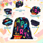 Close-up of birthday cake and balloon patterns on Sweetude gift bag