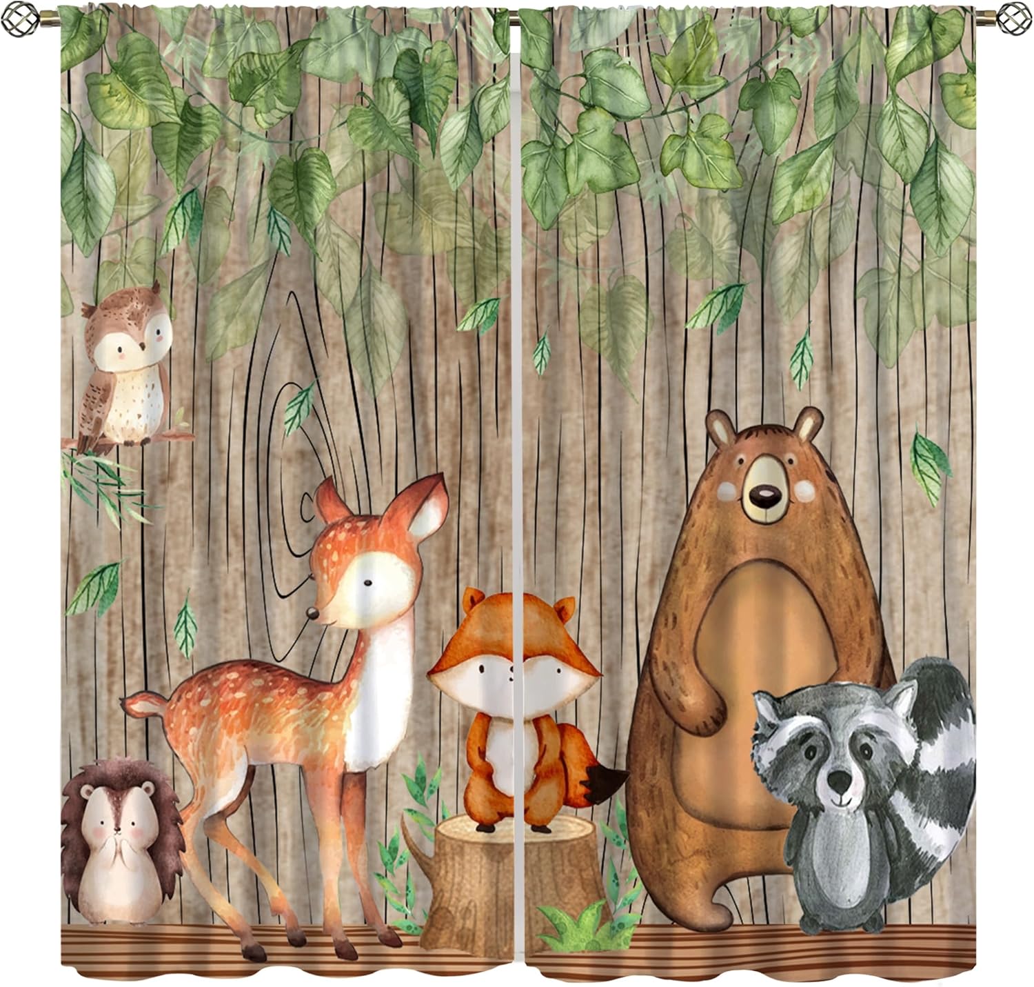 YCness Forest Animal Kids Curtains front view showing watercolor bear and fox print panels.