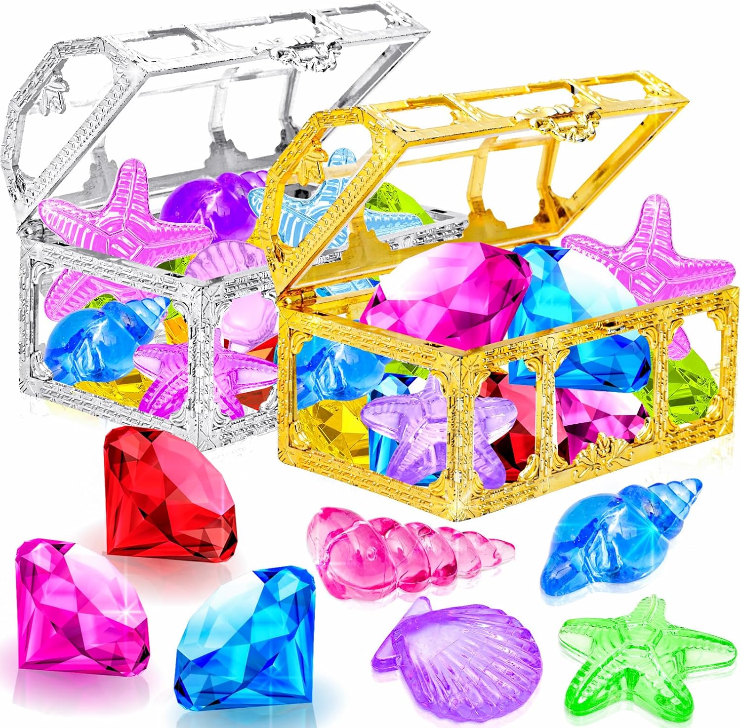 MGparty diving gems pool toys front view with colorful diamonds and pirate chests