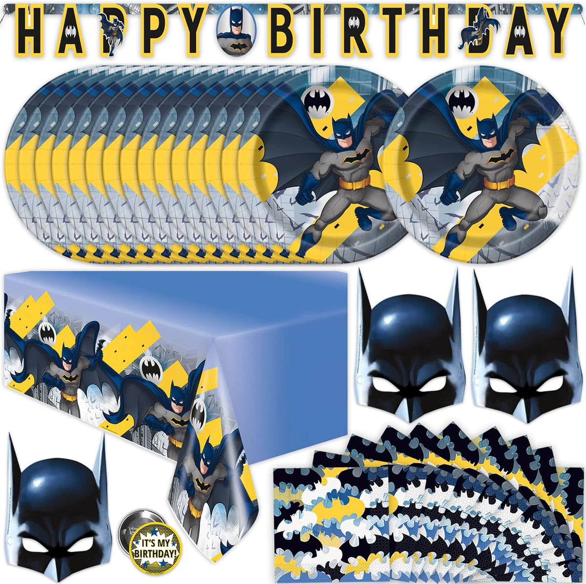 Fun Express Unique Batman birthday party supplies kit featuring plates napkins banner and masks front view