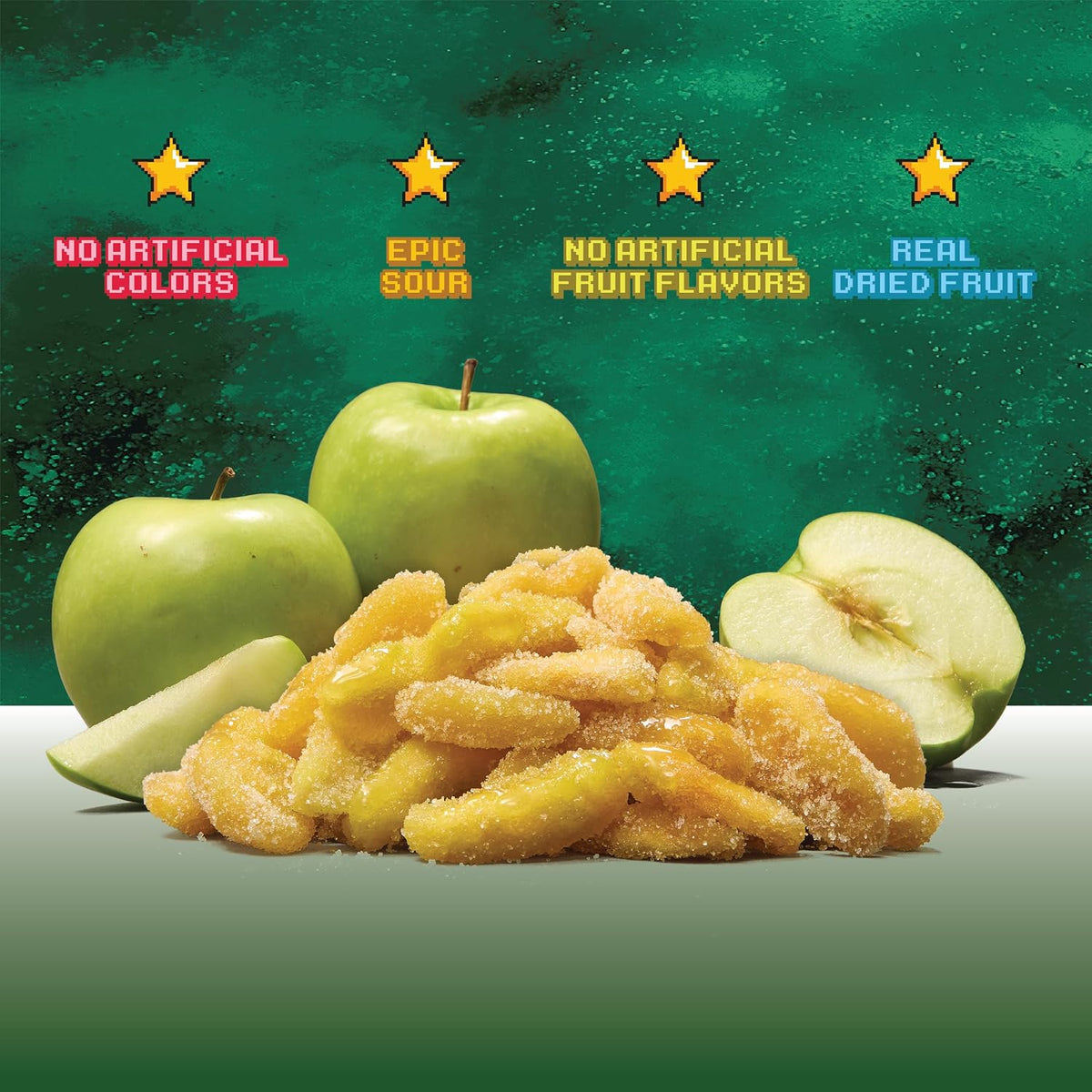 Vegan friendly sour green apple dried fruit snack packaging back details.