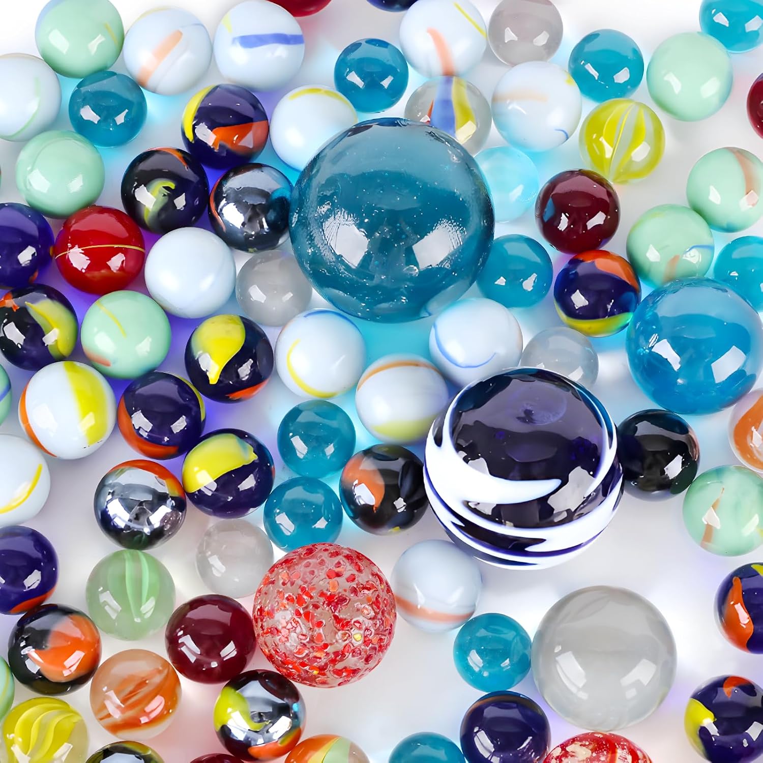 LovesTown 180 Pieces Planet Marbles Game front view showing assorted cosmic glass spheres in a gift box.
