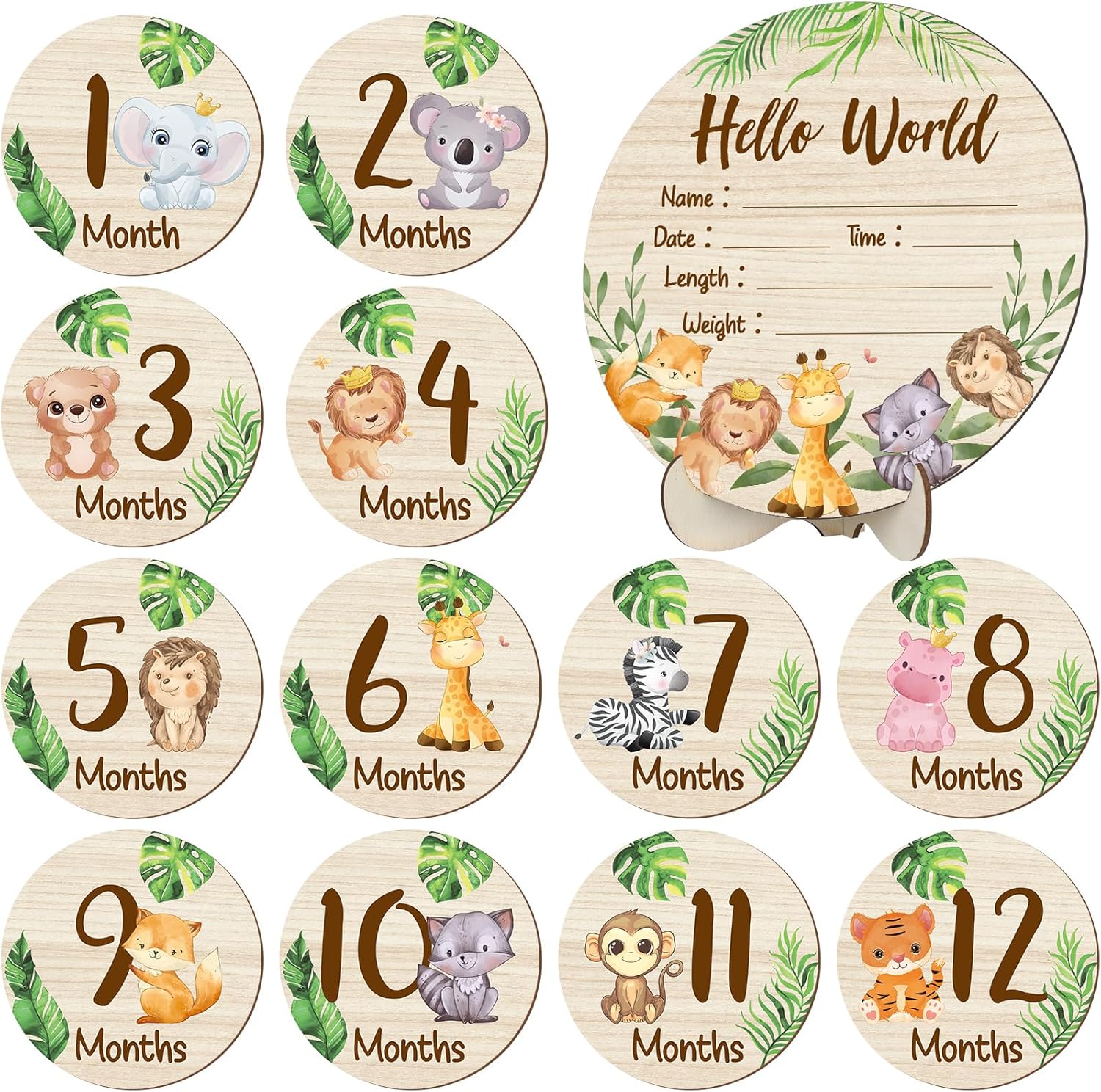 XLSXEXCL Wooden Baby Monthly Milestone Cards front view showing Hello World sign and animal graphics.