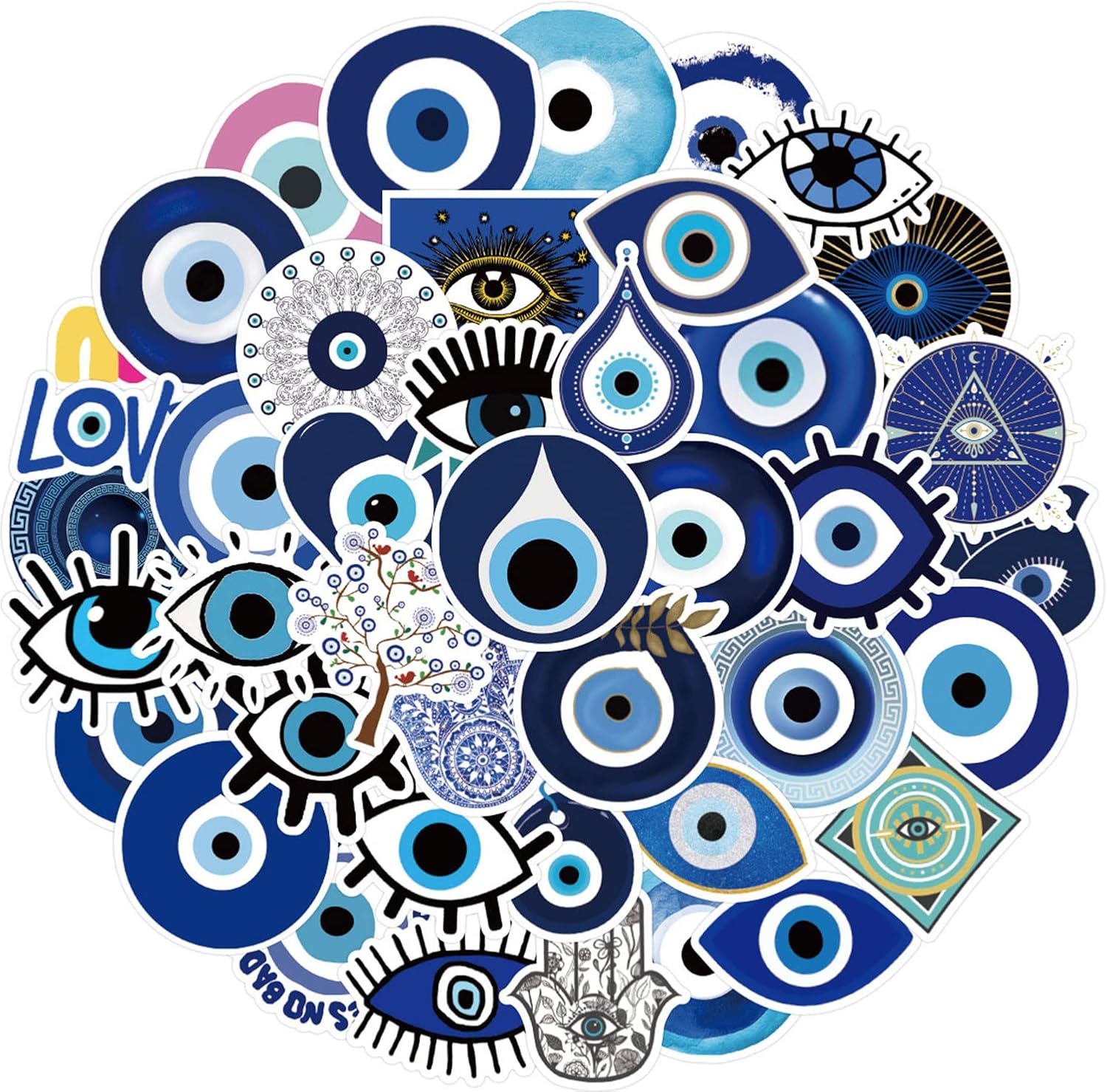 Funstersin evil eyes sticker pack front view showing assorted designs