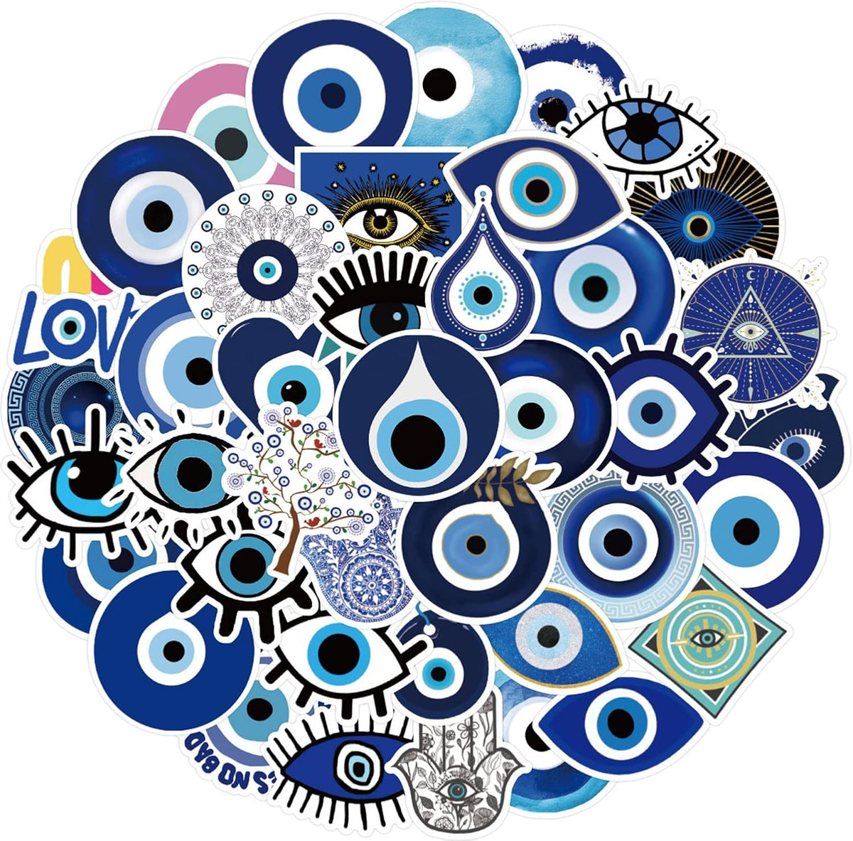 Funstersin evil eyes sticker pack front view showing assorted designs