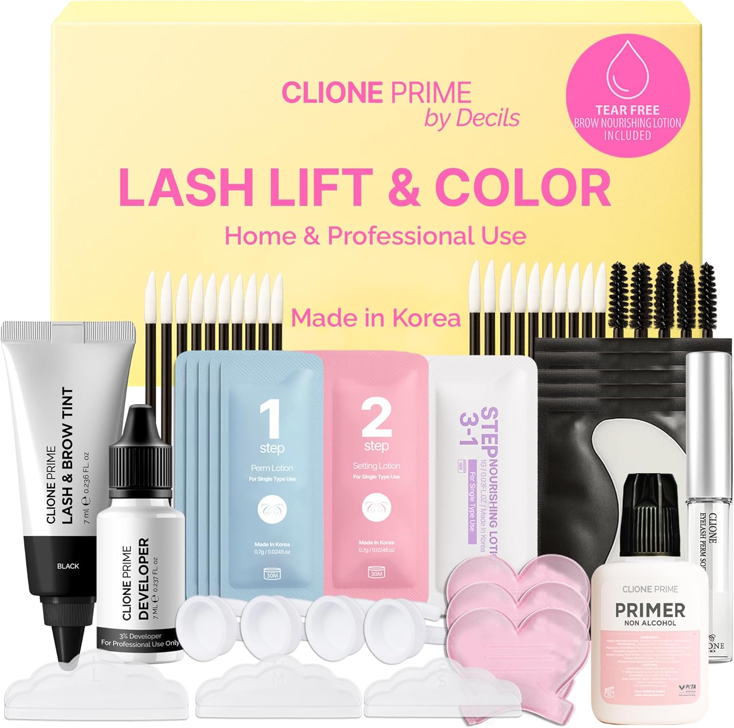 CLIONE PRIME Korean At Home Lash Lift and Color Kit front packaging view showcasing the professional DIY eyelash and eyebrow perm system.