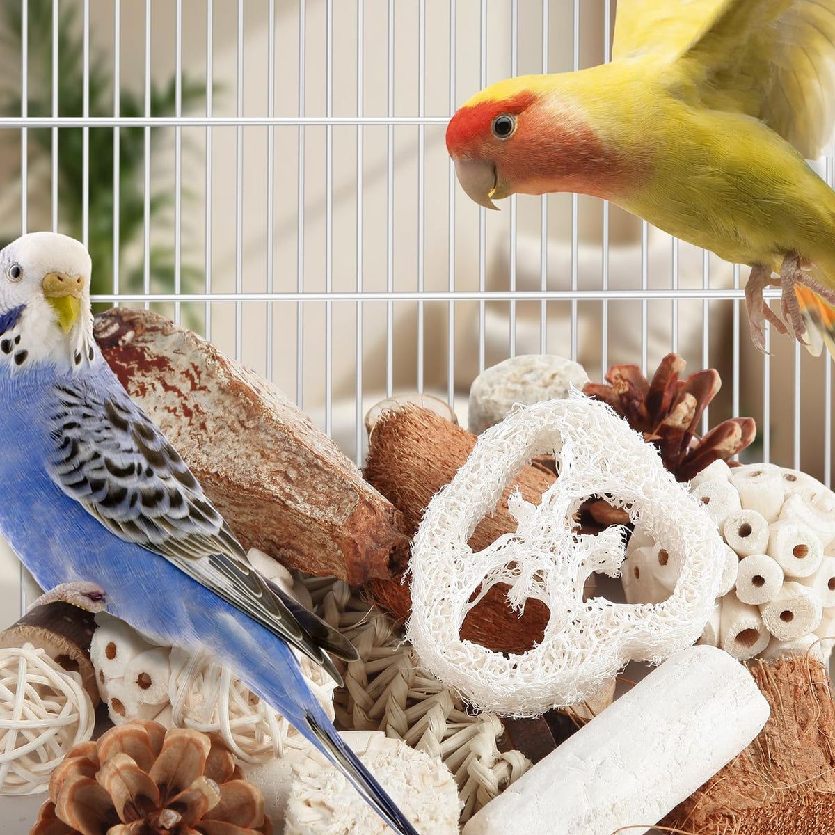 Kyouki interactive bird toy close up of coconut shells and sola fibers.