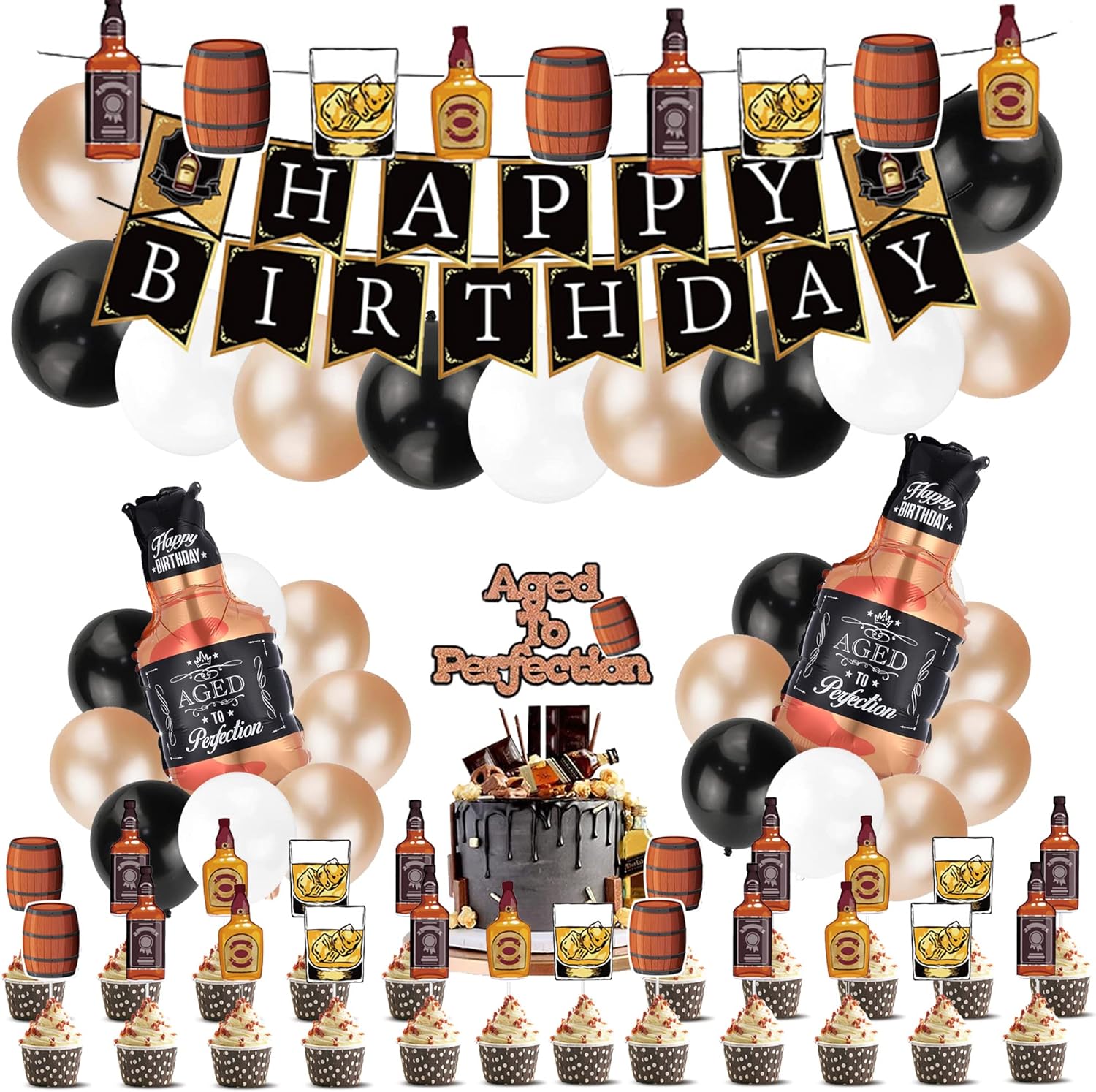 Little Decor Whiskey Birthday Party Decoration Kit front view showing inflated black and gold balloons with whiskey bottle foil balloons