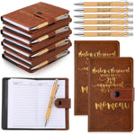 Tinlade 10 Set Activity Professionals Week Gift Bulk A6 Leather Notebooks front view showcasing the brown faux leather cover with gold foil motivational text.
