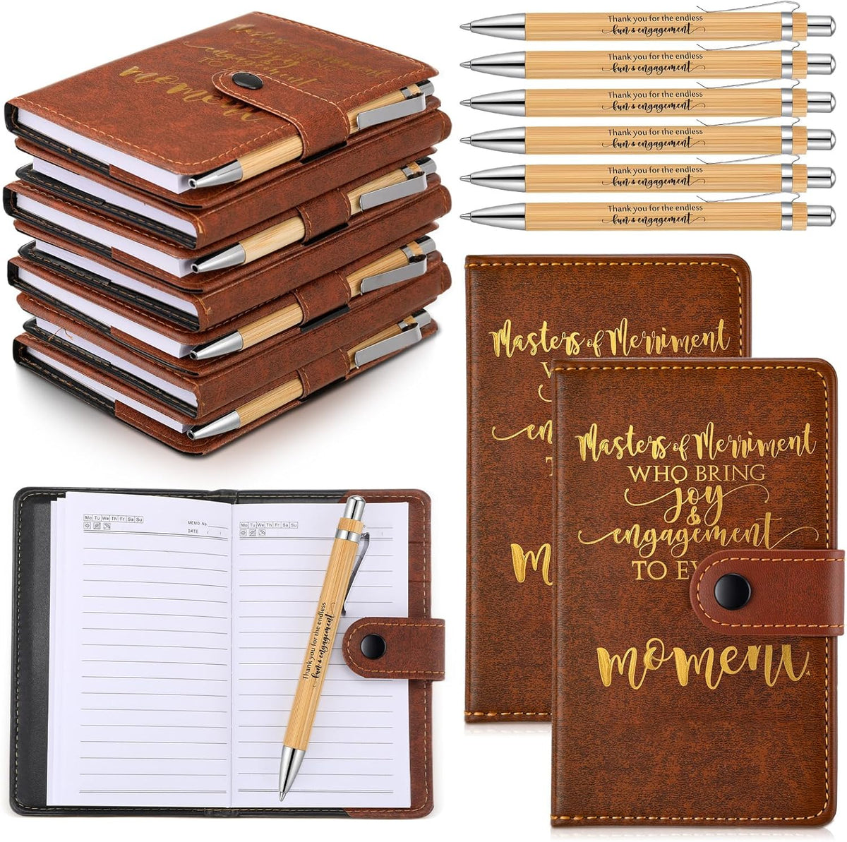Tinlade 10 Set Activity Professionals Week Gift Bulk A6 Leather Notebooks front view showcasing the brown faux leather cover with gold foil motivational text.