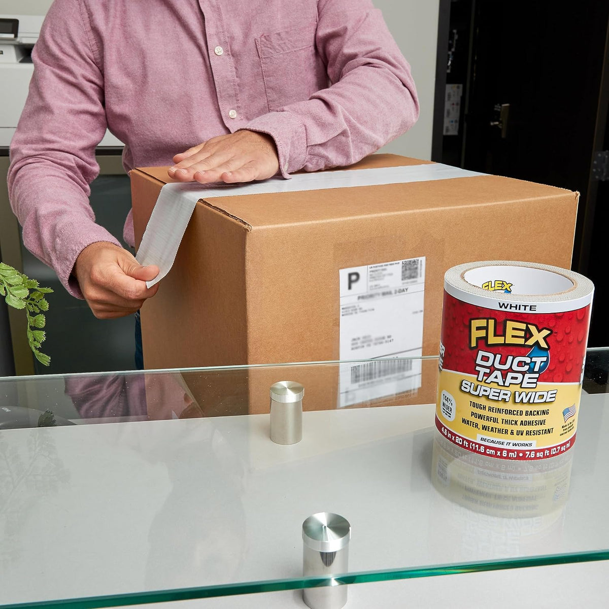 Flex Seal Super Wide white duct tape roll dimensions display