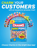 Bulk packaging of individually wrapped Charms mini lollipops in eighteen vibrant fruit flavors.