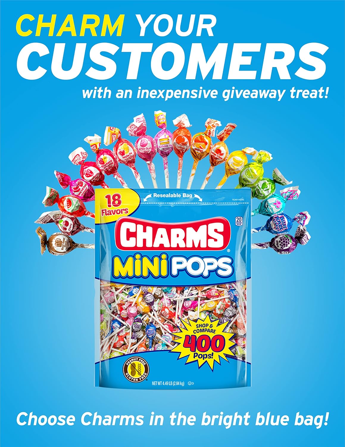 Bulk packaging of individually wrapped Charms mini lollipops in eighteen vibrant fruit flavors.