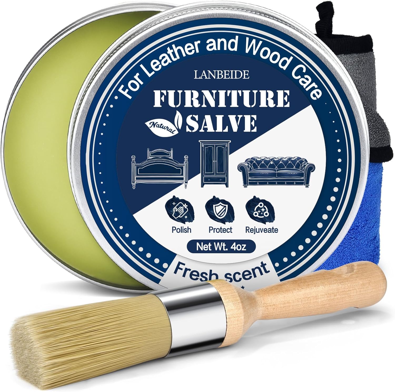 LANBEIDE Furniture Salve with Brush for Leather Wood, Polisher and Conditioner for Leather Couch and Furniture-Repair Salve 4OZ with Brush and Towel - Image 1