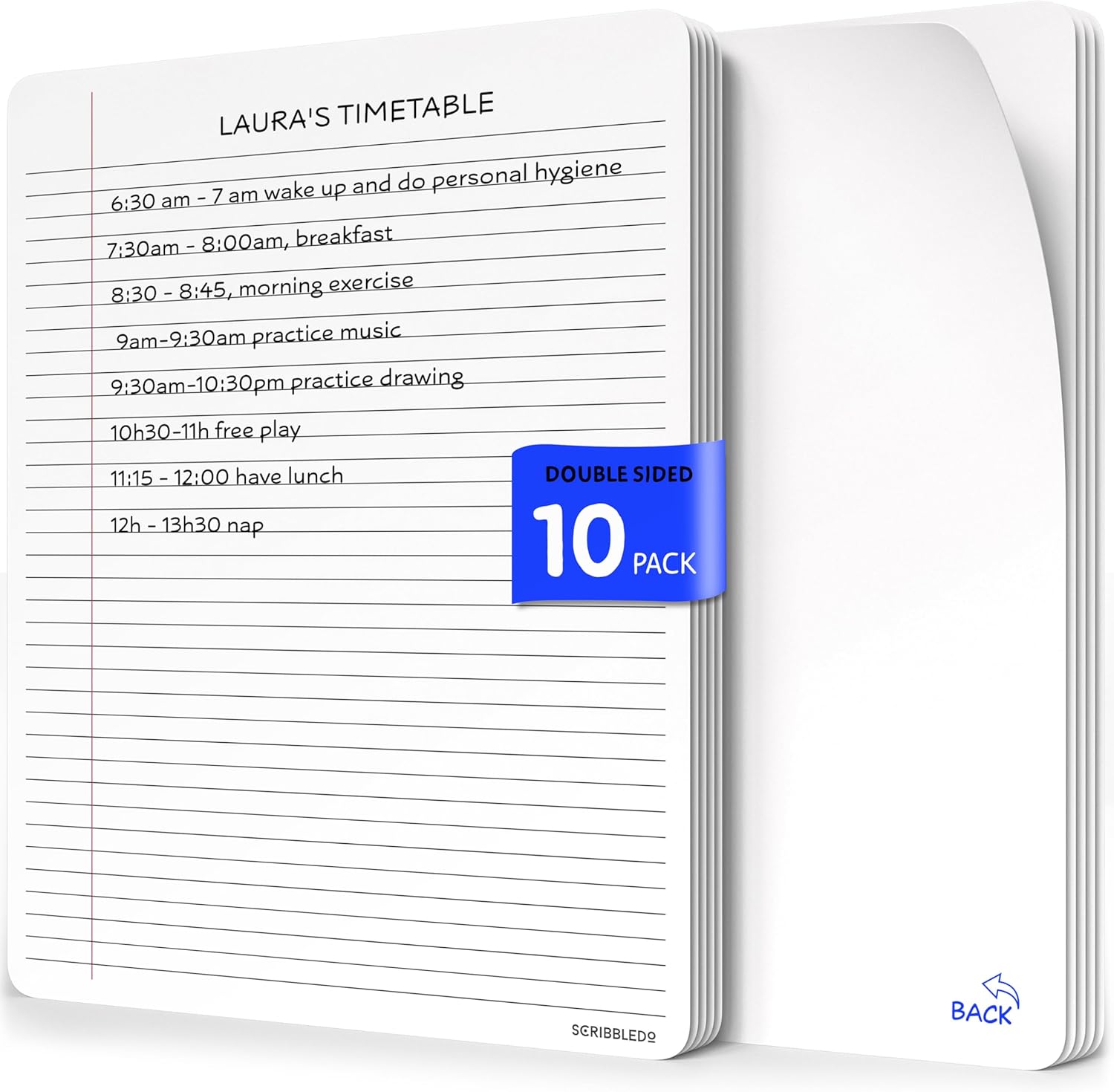 Scribbledo college ruled lined white board sheets 10 pack front view showing blue notebook style writing lines.
