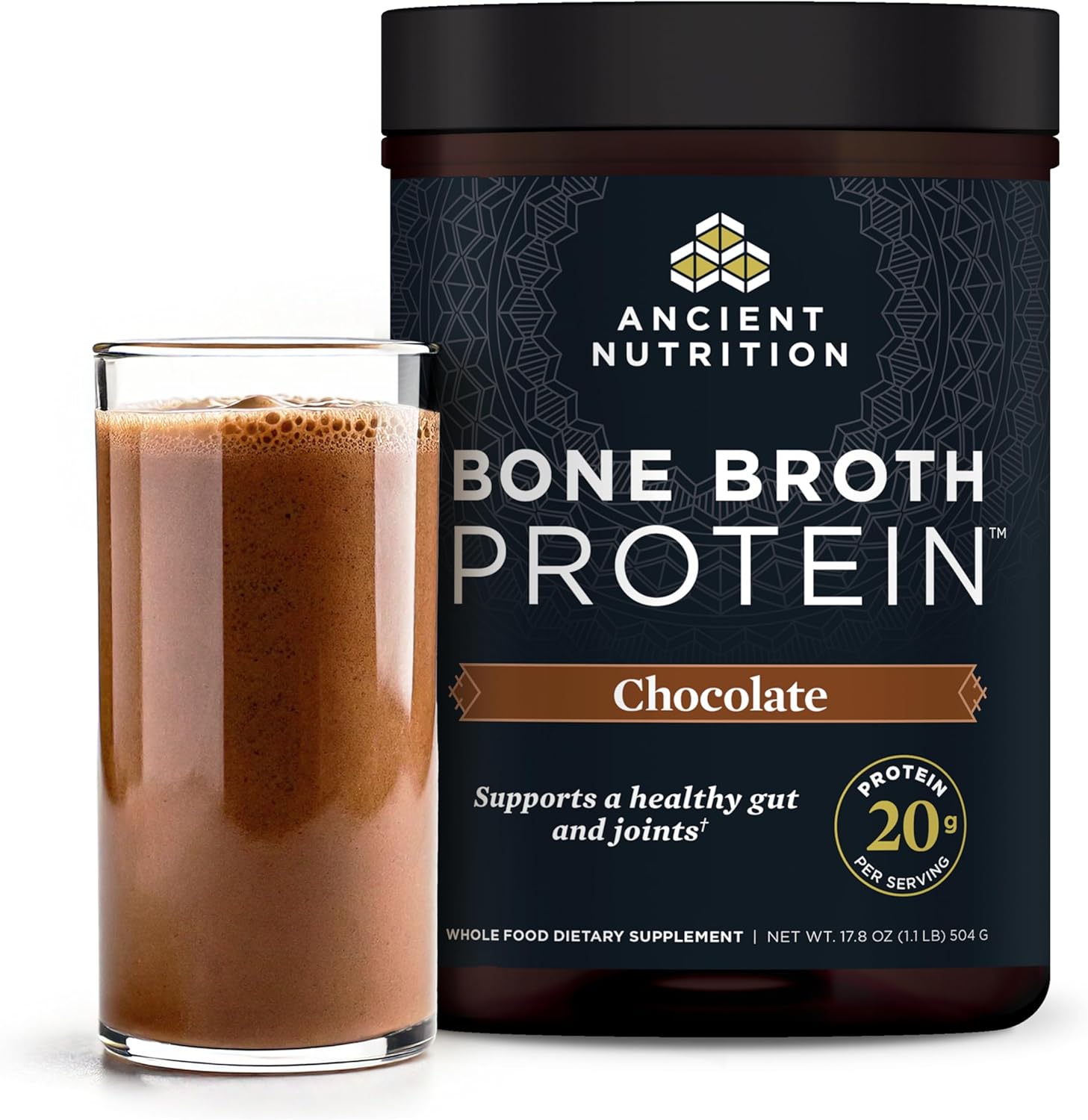 Ancient Nutrition chocolate bone broth protein powder with collagen peptides