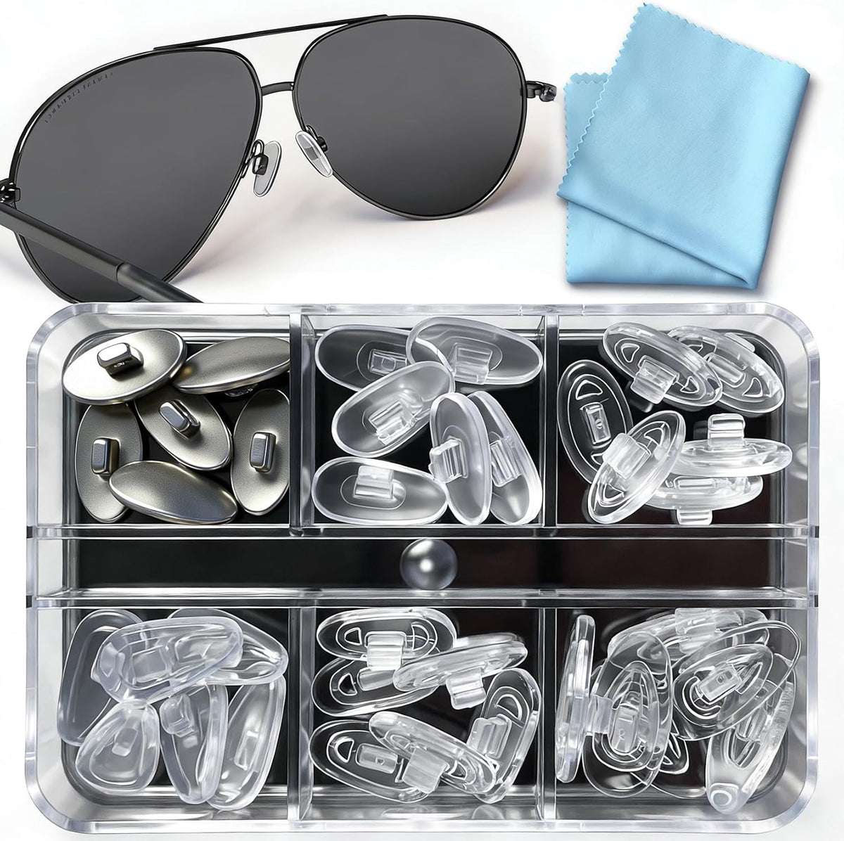 PFDHQS push in eyeglass nose pads replacement kit front view with transparent storage case