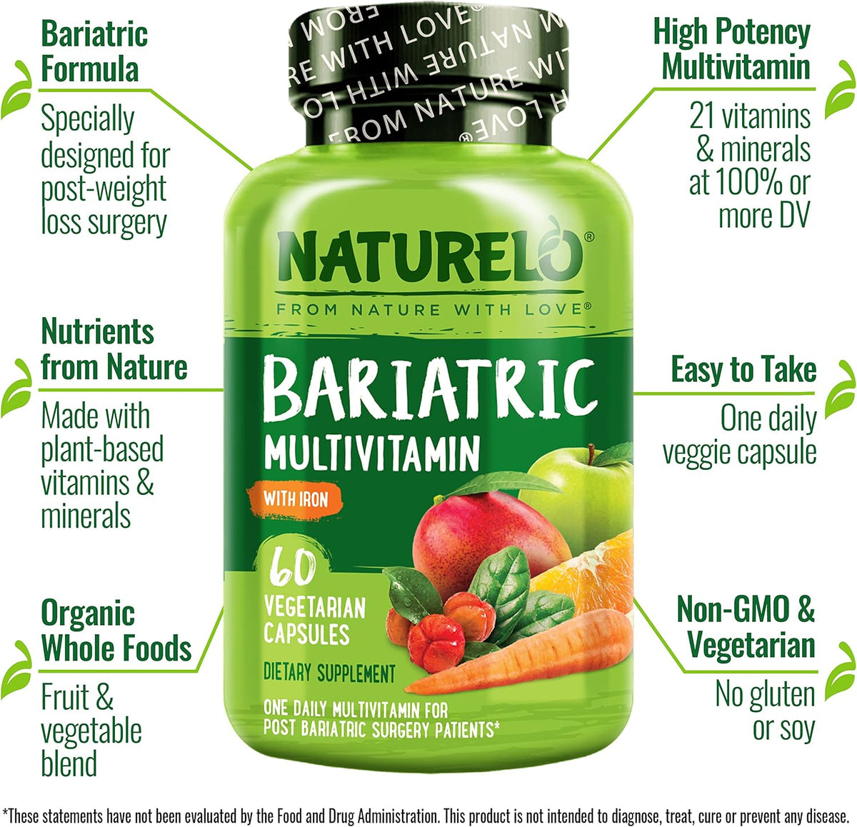 Naturelo Bariatric Multivitamin supplement facts and ingredient breakdown panel