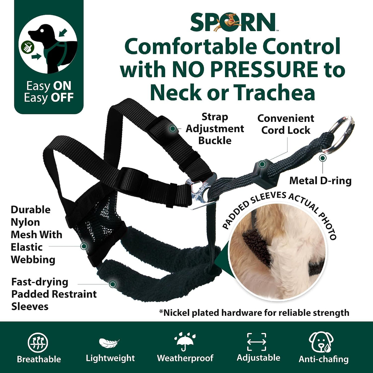 Adjustable cord lock feature on Sporn dog harness