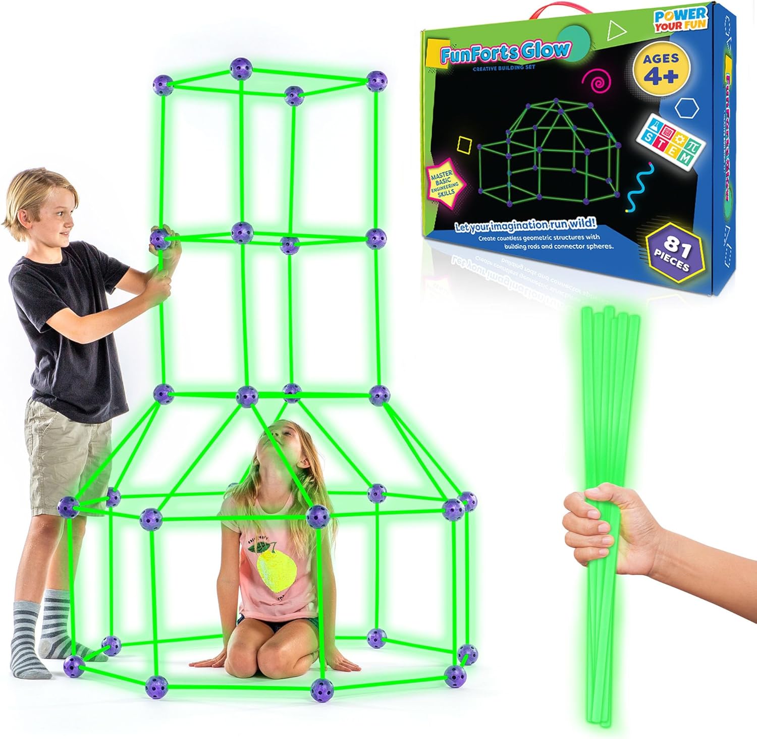 Power Your Fun Fun Forts Glow building kit box front view showing glowing stick structures