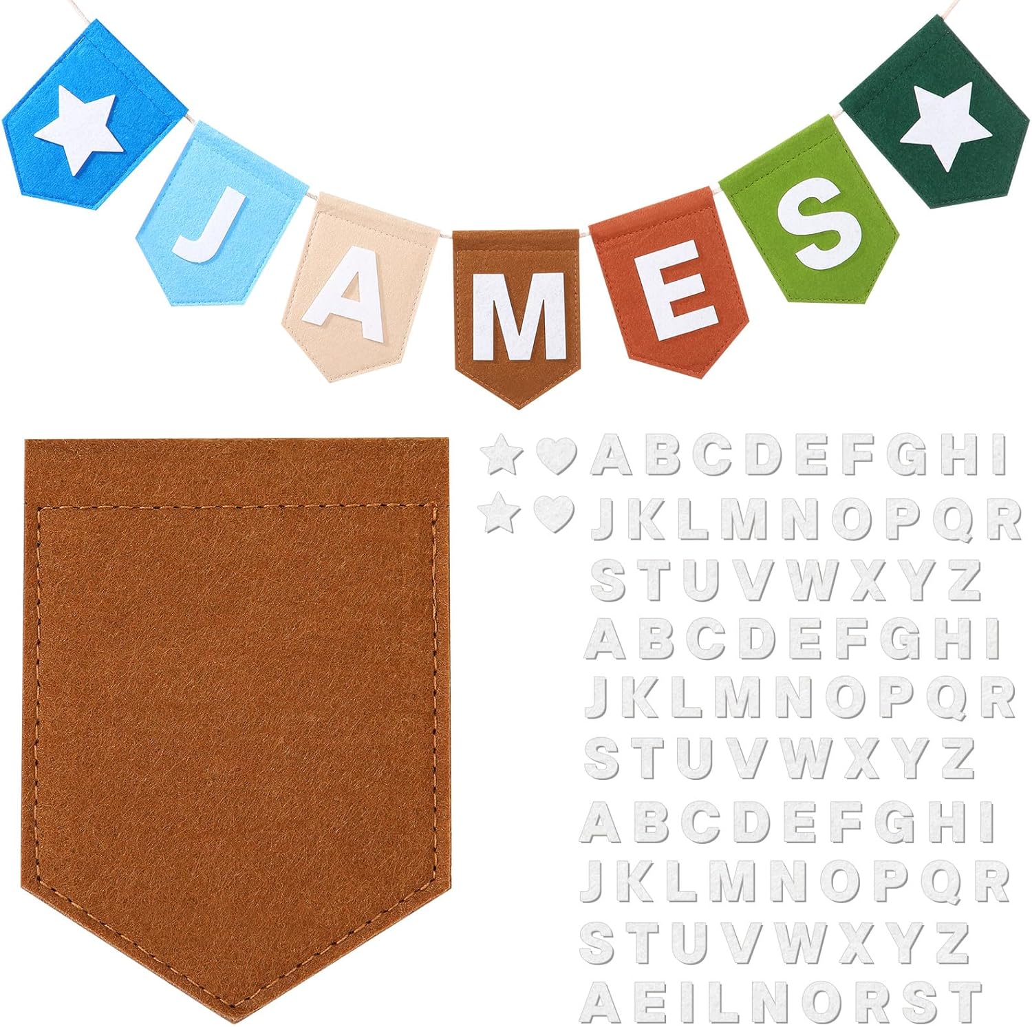 Newwiee Personalized Baby Name Banner front view showcasing customized felt letters spelling a name on multi colored flags.