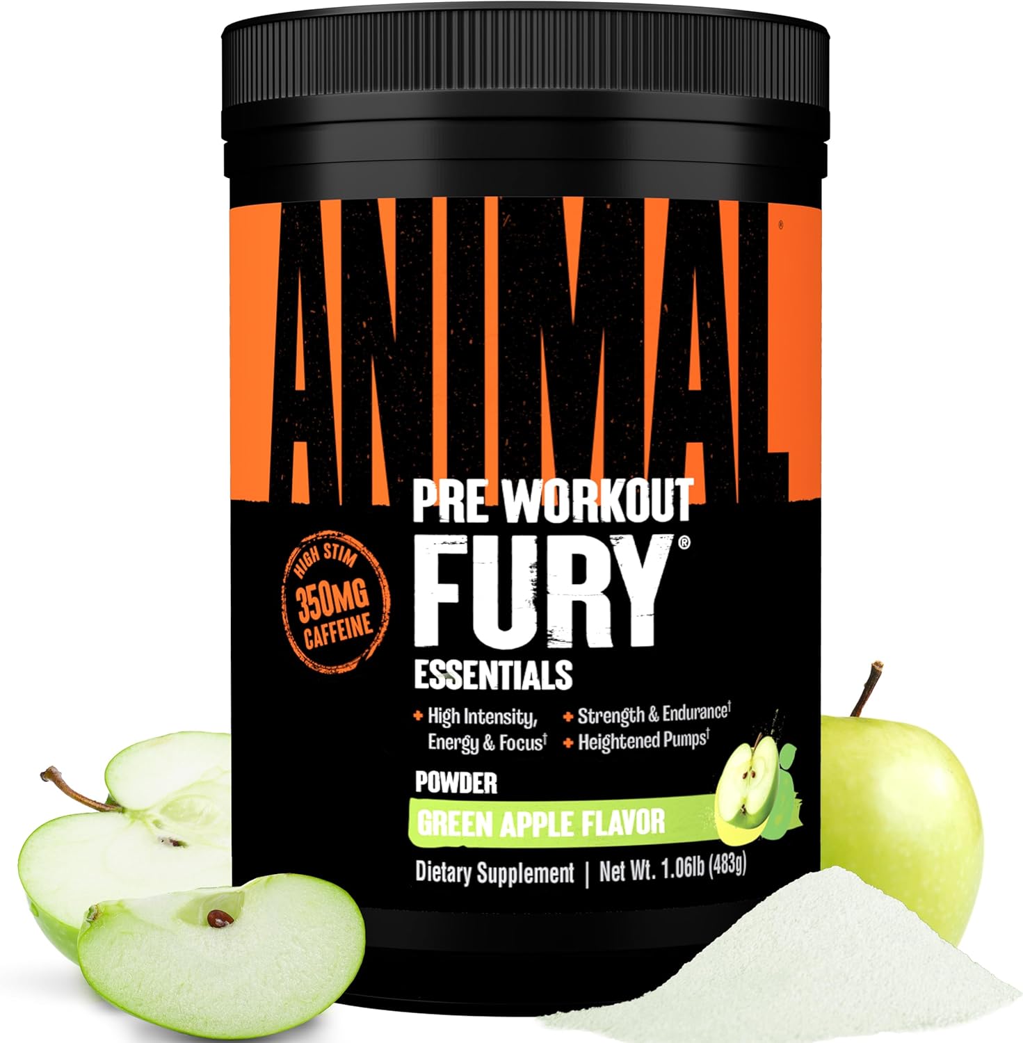 Animal Fury Pre Workout Powder Green Apple front view tub