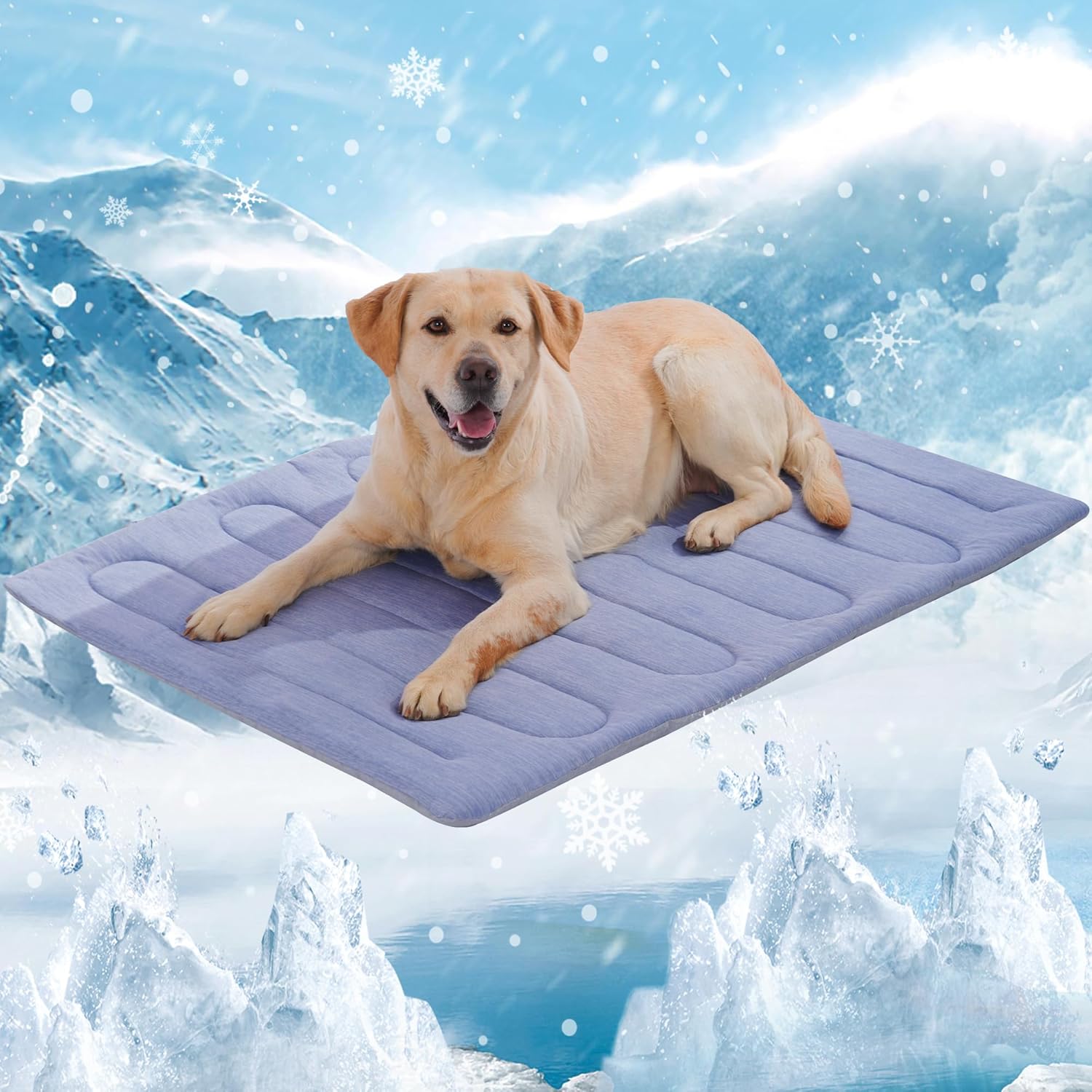Marunda dog cooling mat front view showing the quilted blue ice silk surface