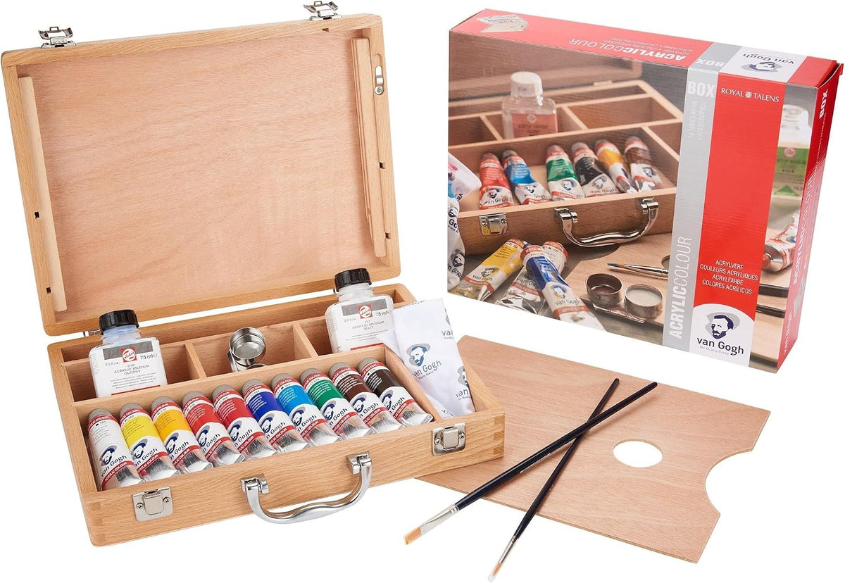 Talens Van Gogh acrylic paint tubes and brushes inside wooden box