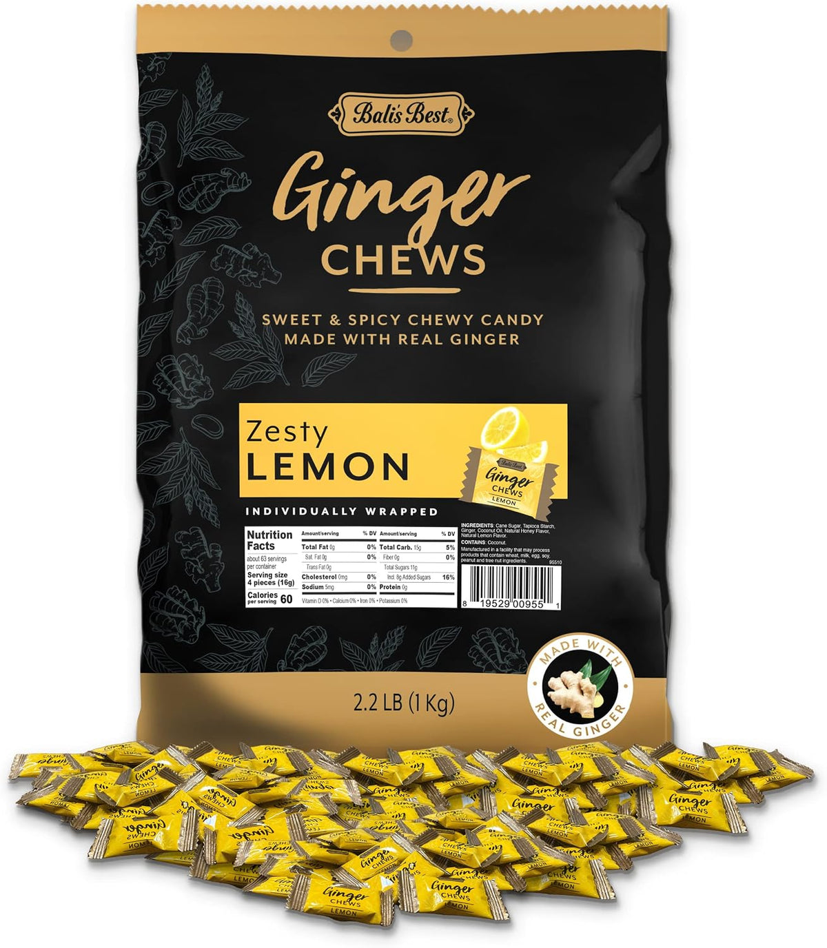 Size comparison of the two point two pound bulk bag filled with two hundred fifty ginger chews.