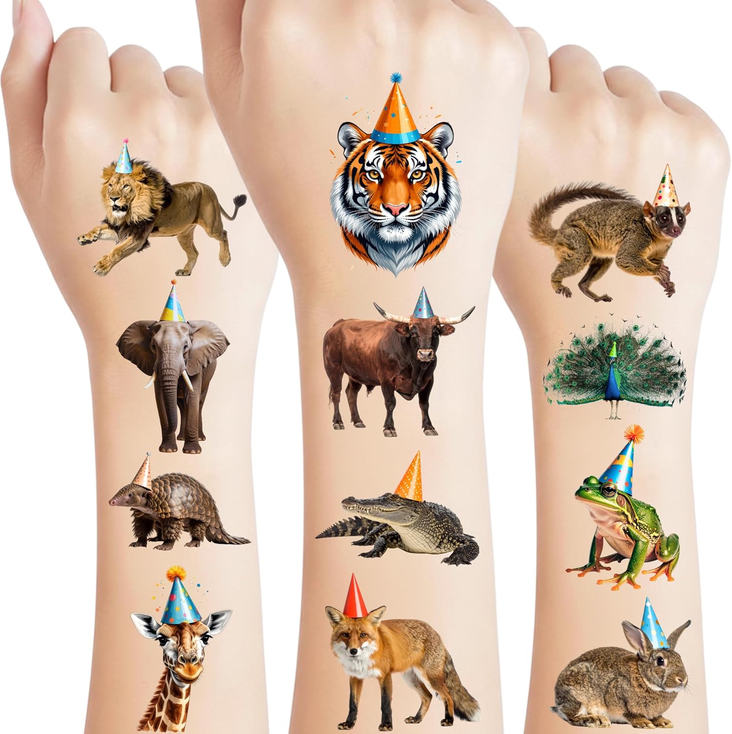 VNXCRAFTIES Jungle Animal Temporary Tattoos front view showcasing tigers and lions with party hats.