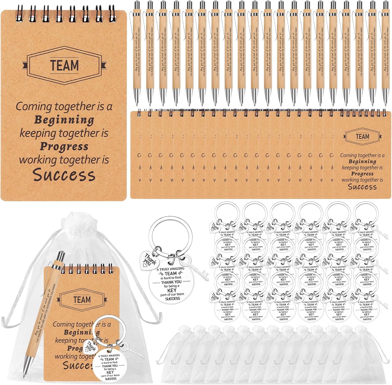 CZWZ 80 Pcs Employee Appreciation Gifts Set, Includes Notepads Pens Thank You Keychains and Organza Bags, Team Recognition Gifts for Coworkers Staff Employees Retirement Birthday Christmas(Brown) - Image 1