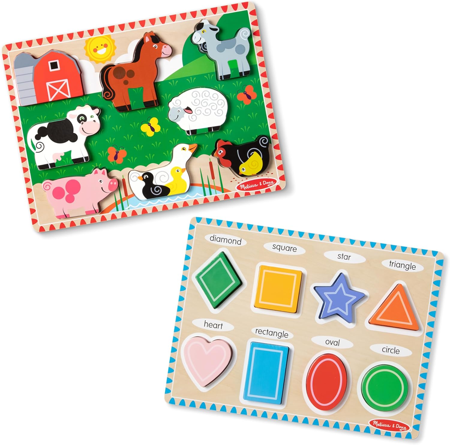 Melissa & Doug Chunky Wooden Puzzle Bundle front view showing farm animals and shapes boards