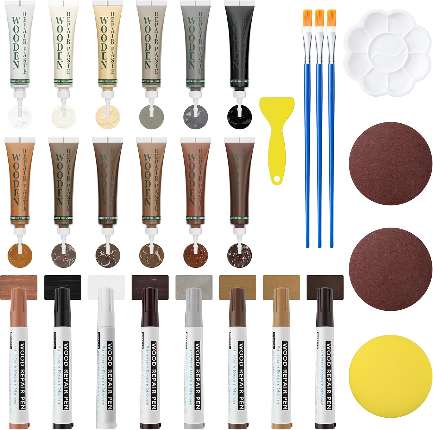 Oriflame Wood Furniture Repair Kit front view displaying twelve color fillers and eight markers