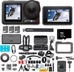 DJI Osmo Action 5 Pro Adventure Combo front view with dual touchscreens displayed.